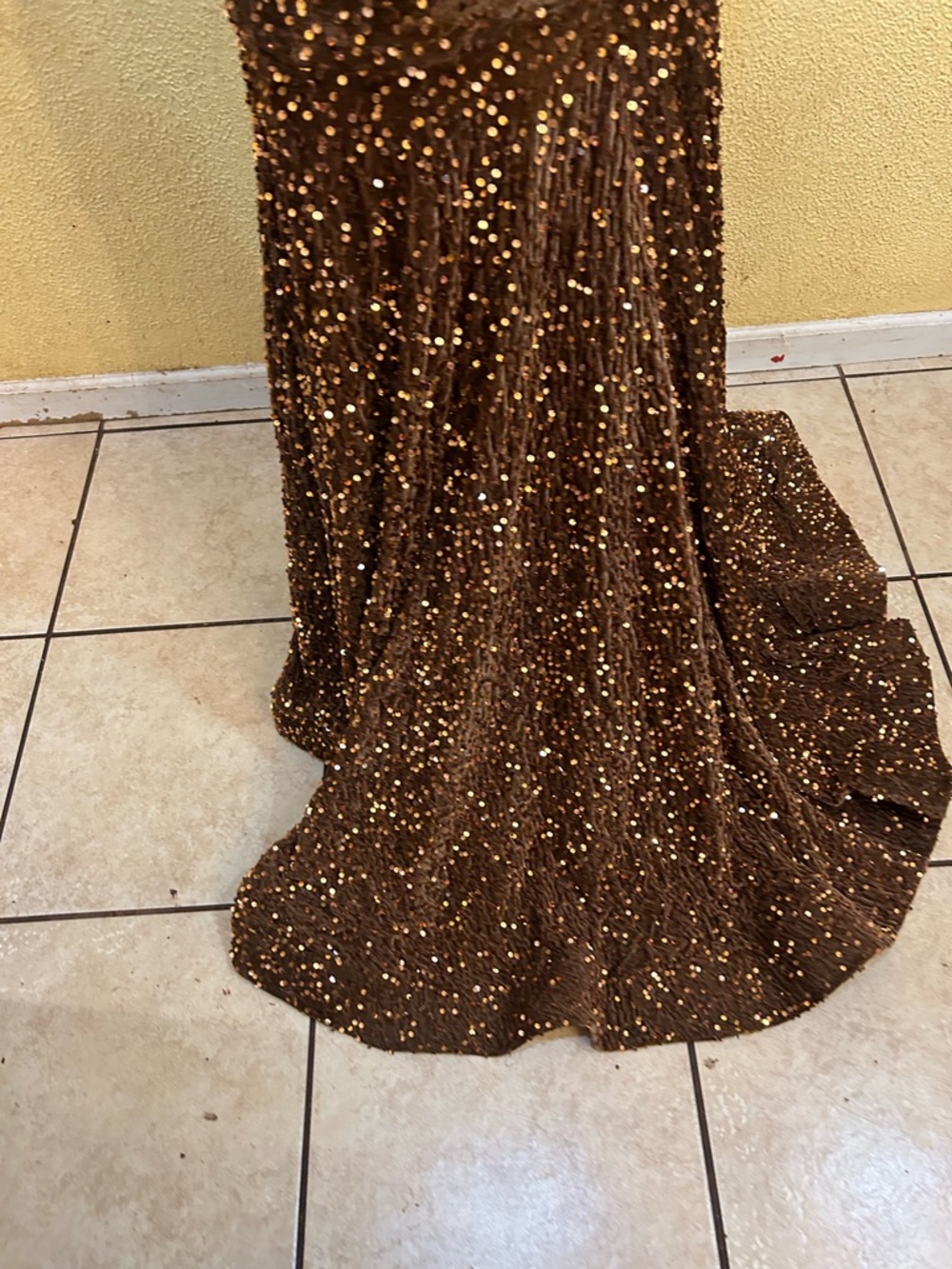 Backless Brown Sequin Evening Gown with Gold Embellishment - Picture 11 of 15